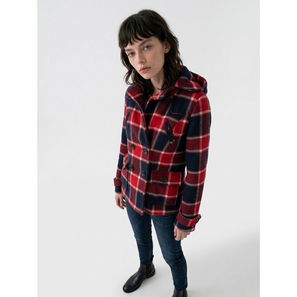 American Eagle Pea Coat Women M Red Navy Blue Plaid Wool Blend Anchor Button